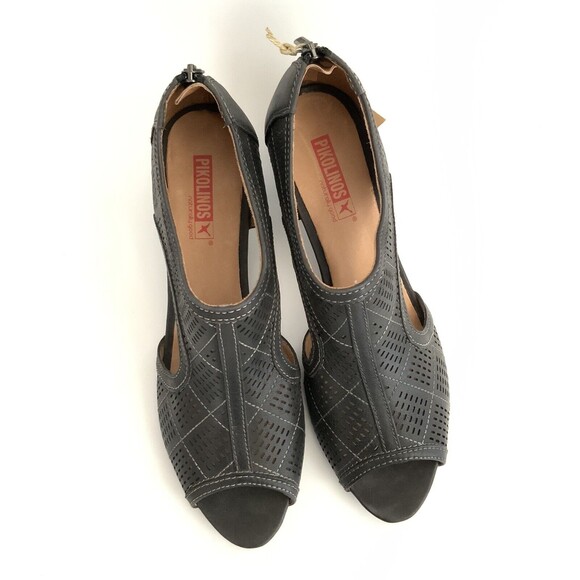 Pikolinos Sandals Sz 41 US 10M Black Perforated Leather Open-toe Mid Heel - Picture 10 of 12